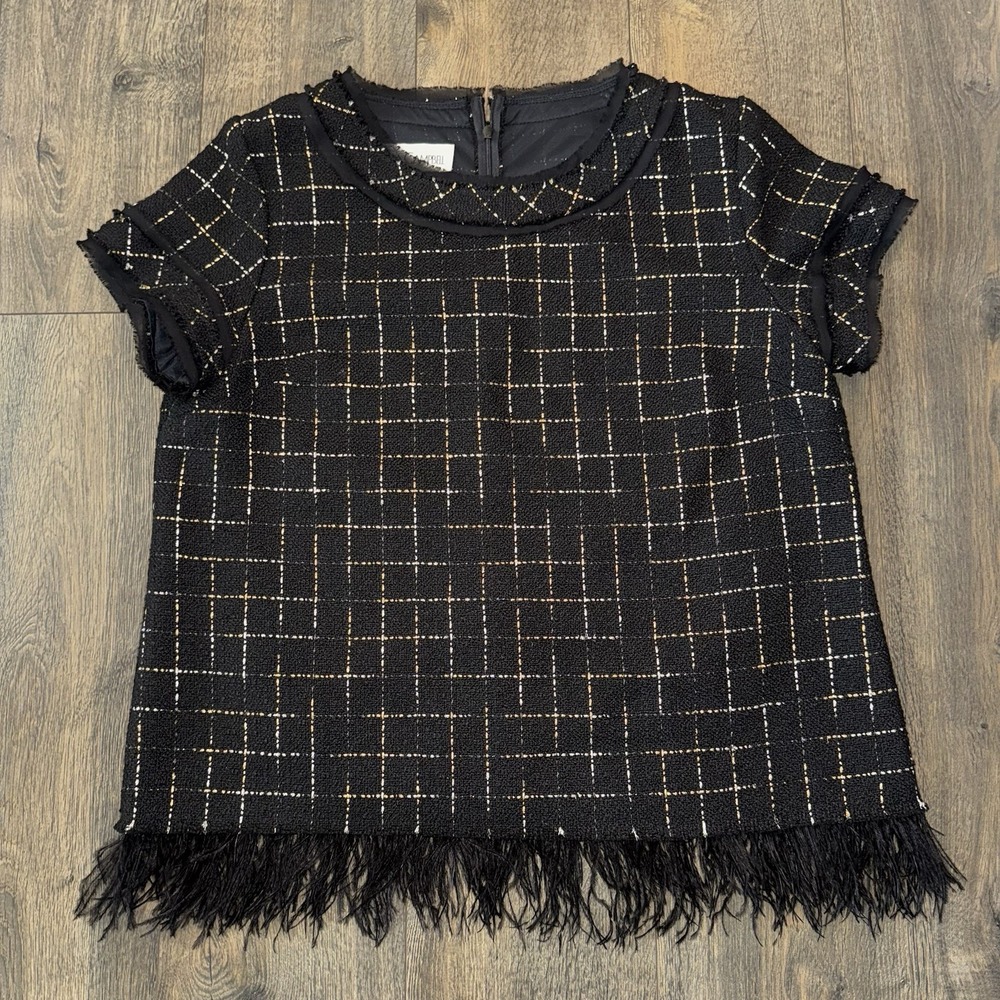 Sara Campbell Plaid Tweed Zip up Top Feather Trim Women's Sz XL Luxury Made USA